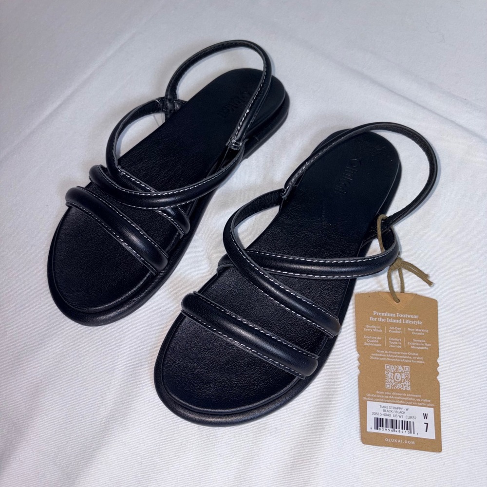 OluKai Tiare Strappy Sandals 7 Black New Contrast Stitch Slingback 20515-4040